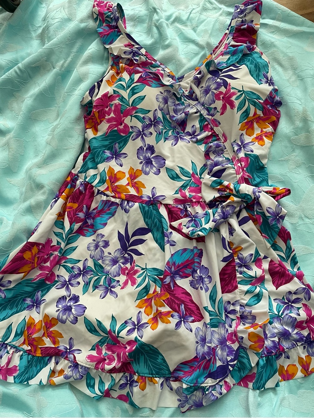 White Floral Swim Dress One Piece Bathing Suit with Pink, Purple & Teal Accents